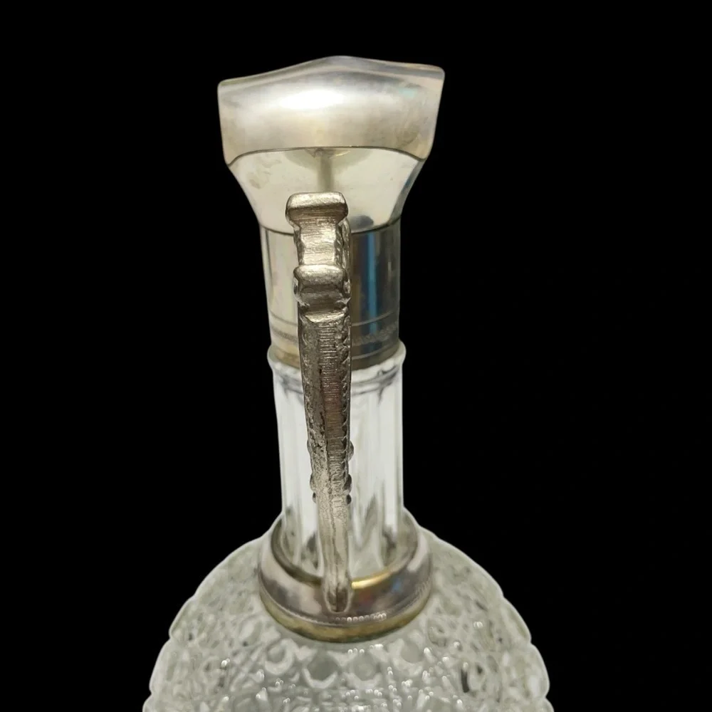Pressed Glass Claret Jug Pitcher Decanter with Silver Plated Collar & Handle